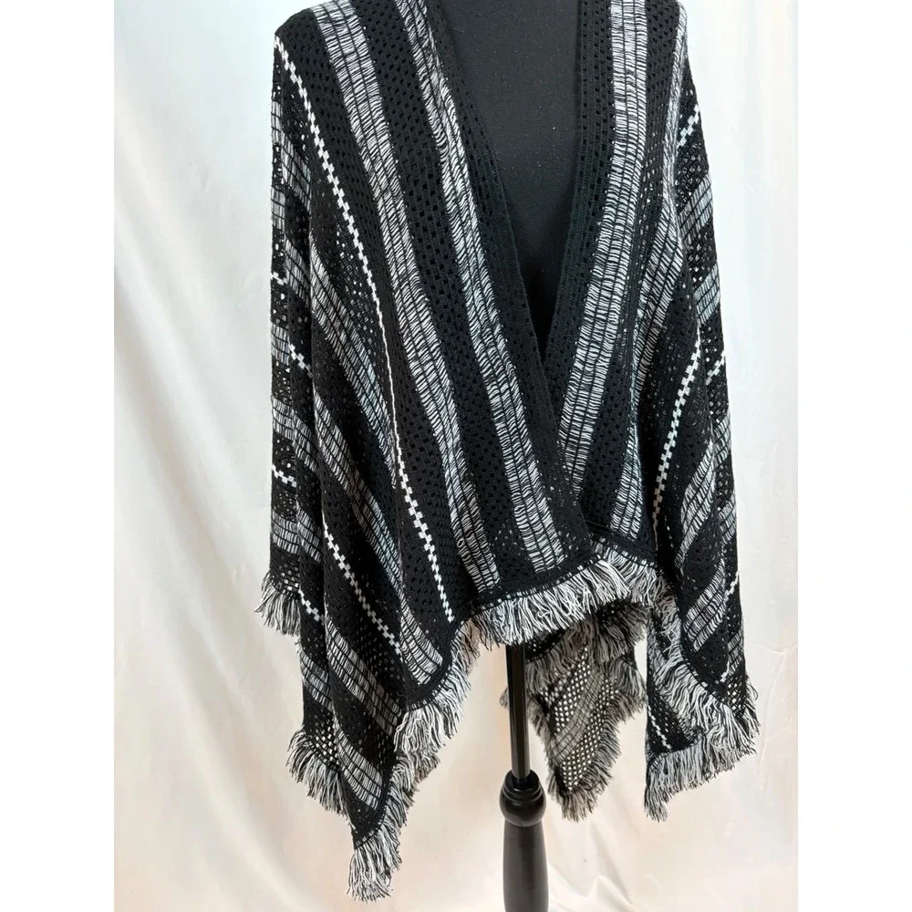 Black White Striped Open Front Knit Poncho Wrap Fringe Trim One Size Boho Cape
